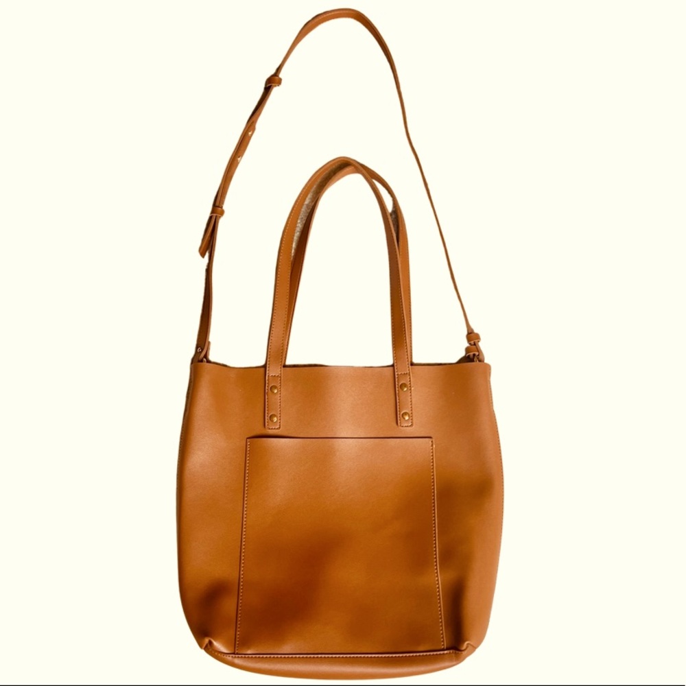 Henny + Lev Shoulder Bag Tote, Caramel Brown Vegan Leather